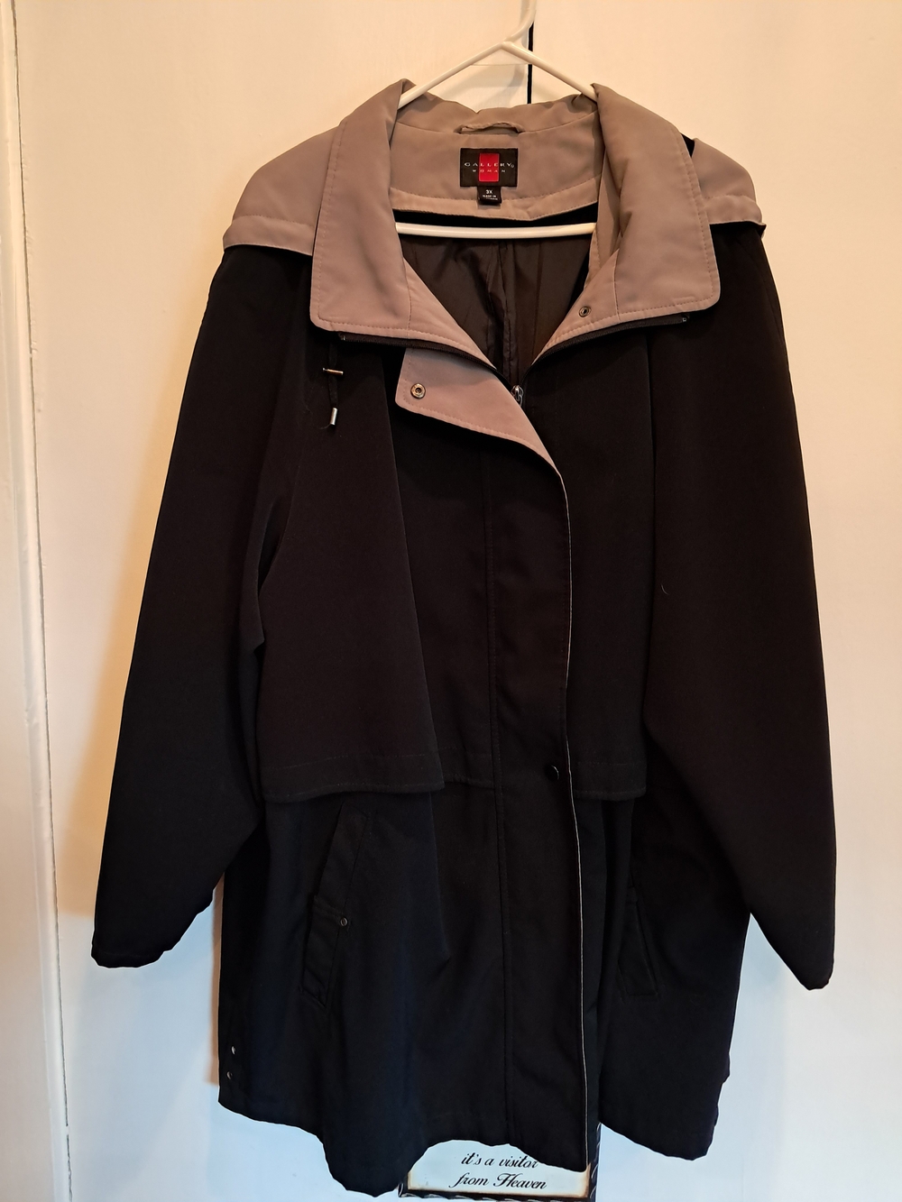 Gallery Women's Black Jacket with Beige Hooded Trim